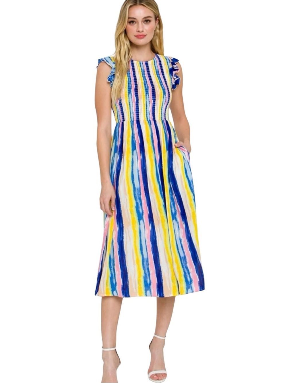 English Factory Striped Print Smocked Flutter Sleeve A-Line Midi Dress - S
